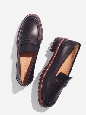 Madewell Black Lug-Sole Penny Loafers with Brown Welt